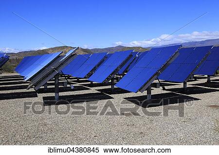 Stock Photography - Heliostats reflecting sunrays, centre for exploration of solar energy, Plataforma Solar de Almería, Tabernas Desert, Almería Province, Andalusia, Spain, Europe. Fotosearch