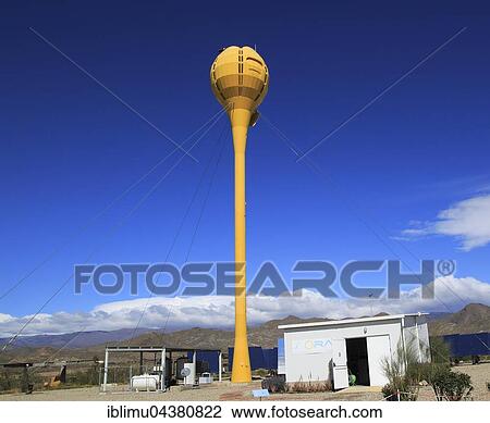 Stock Image - Heliostats reflecting sunrays to receiver tower, AORA Tulip System, centre for exploration of solar energy, Plataforma Solar de Almería, Tabernas Desert, Almería Province, Andalusia, Spain, Europe. Fotosearch