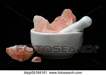 Stock Image - Himalayan salt, mortar, salt crystals, crystal, crystals, Himalayan crystal salt, salt crystal. Fotosearch