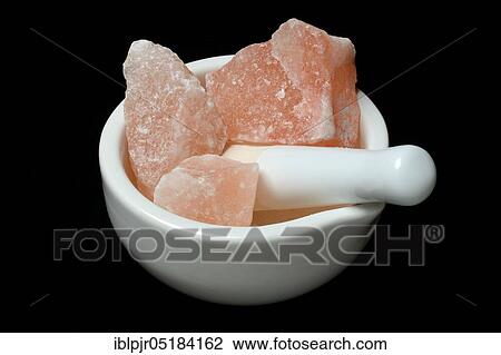 Stock Image - Himalayan salt, mortar, salt crystals, crystal, crystals, Himalayan crystal salt, salt crystal. Fotosearch