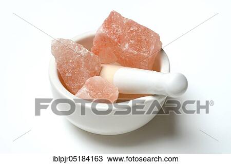 Stock Image - Himalayan salt, mortar, salt crystals, crystal, crystals, Himalayan crystal salt, salt crystal. Fotosearch