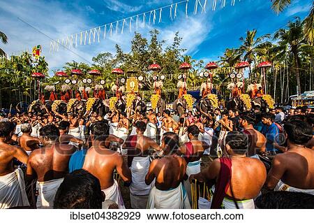 Hindu temple festival with many elephants, Thrissur, Kerala, South India, India, Asia View Large Photo Image Stock Photo - Hindu temple festival with many elephants, Thrissur, Kerala, South India, India, Asia. Fotosearch