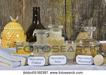 Horseradish wine (Cochlearia armoracia) Horseradish tincture, horseradish syrup, horseradish ointment, horseradish, farmer's mustard, meat cabbage, krien, maerk, mirch, pepper root, throat cleaner, wild radish View Large Photo Image Stock Photo - Horseradish wine (Cochlearia armoracia) Horseradish tincture, horseradish syrup, horseradish ointment, horseradish, farmer's mustard, meat cabbage, krien, maerk, mirch, pepper root, throat cleaner, wild radish. Fotosearch