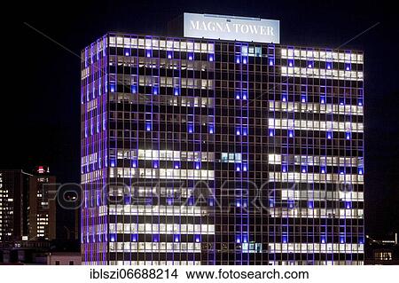 Illuminated Magna Tower in the evening, office high-rise in the Westviertel, Essen, Ruhr area, North Rhine-Westphalia, Germany, Europe View Large Photo Image Picture - Illuminated Magna Tower in the evening, office high-rise in the Westviertel, Essen, Ruhr area, North Rhine-Westphalia, Germany, Europe. Fotosearch