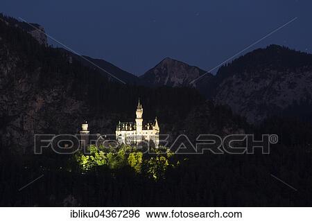 Illuminated Neuschwanstein Castle at night, Fussen, Allgäu, Bavaria, Germany, Europe View Large Photo Image Stock Photograph - Illuminated Neuschwanstein Castle at night, Fussen, Allgäu, Bavaria, Germany, Europe. Fotosearch