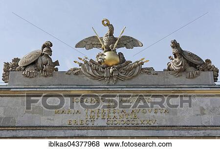 Inscription, Josef II and Maria Theresa, imperial eagle on globe with sceptre, sword and crown, portal, Gloriette, Schönbrunn Palace, Hietzing, Vienna, Austria, Europe View Large Photo Image Stock Photo - Inscription, Josef II and Maria Theresa, imperial eagle on globe with sceptre, sword and crown, portal, Gloriette, Schönbrunn Palace, Hietzing, Vienna, Austria, Europe. Fotosearch