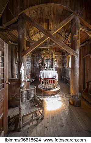 Picture - Interior and altar of the Urnes Stave Church, Romanesque church from ca. 1130, Celtic art with Viking traditions and Romanesque building forms, Vestland, Norway, Europe. Fotosearch