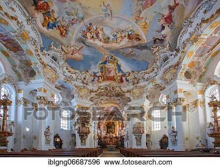 Stock Photograph - Interior of the Wieskirche, Weiler Wies, Steingaden, Pfaffenwinkel, Romantic Road, Upper Bavaria, Bavaria, Germany, Europe. Fotosearch