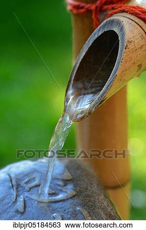 Stock Image - Japanese bamboo fountain and stone with inscription, bamboo cane, reed. Fotosearch