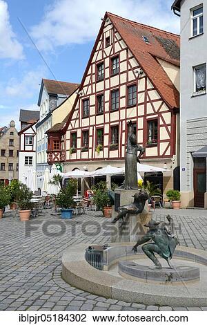 Stock Image - Juggler Fountain, market place, Fürth, Middle Franconia, Bavaria, Germany, Europe. Fotosearch