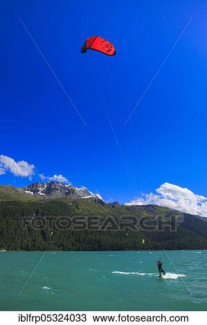 Stock Image - Kitesurfing, Lake Silvaplana, Piz Corvatsch, Graubuenden, Switzerland, Europe. Fotosearch