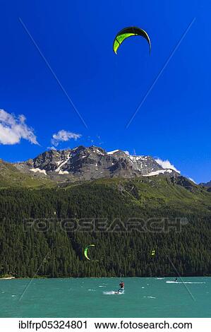 Kitesurfing, Lake Silvaplana, Upper Engadine, Graubuenden, Switzerland, Europe View Large Photo Image Stock Image - Kitesurfing, Lake Silvaplana, Upper Engadine, Graubuenden, Switzerland, Europe. Fotosearch