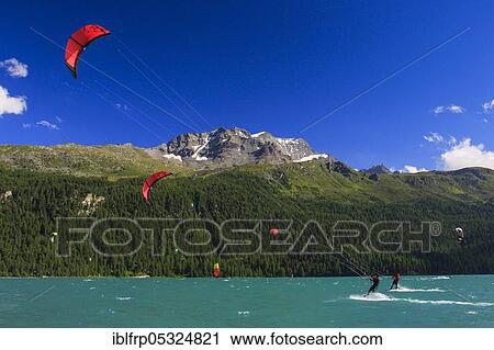 Kitesurfing, Lake Silvaplana, Upper Engadine, Graubuenden, Switzerland, Europe View Large Photo Image Stock Image - Kitesurfing, Lake Silvaplana, Upper Engadine, Graubuenden, Switzerland, Europe. Fotosearch