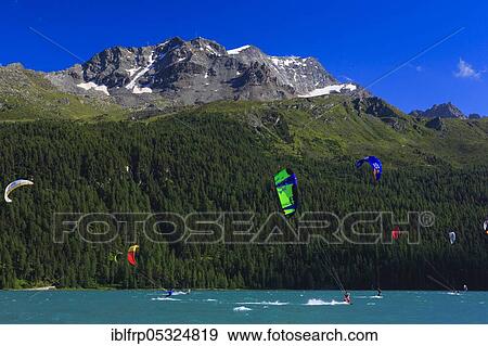 Kitesurfing, Lake Silvaplana, Upper Engadine, Graubuenden, Switzerland, Europe View Large Photo Image Stock Photo - Kitesurfing, Lake Silvaplana, Upper Engadine, Graubuenden, Switzerland, Europe. Fotosearch