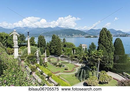 Stock Photography - Laid terraces, Italian Garden Giardino d'Amore, Isola Bella, Borromean Islands, Lake Maggiore, Province of Verbano-Cusio-Ossola, Piedmont Region, Italy, Europe. Fotosearch