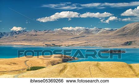 Stock Photograph - Lake Tekapo, Canterbury, New Zealand, Oceania. Fotosearch
