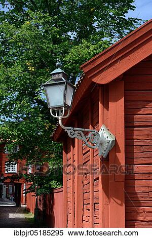Stock Photography - Lantern on wooden house, Scandinavia, Open Air Museum Linköping, Sweden, Europe. Fotosearch
