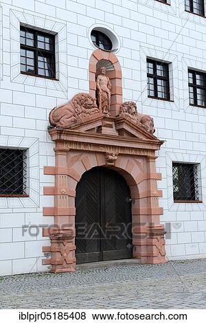 Stock Photo - Lion portal of the Ulmer Zeughaus, terracotta figure, lion building, Zeughaus, Ulm, Baden-Württemberg, Germany, Europe. Fotosearch