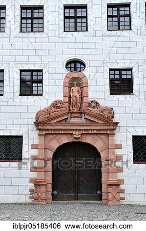 Stock Photograph - Lion portal of the Ulmer Zeughaus, terracotta figure, lion building, Zeughaus, Ulm, Baden-Württemberg, Germany, Europe. Fotosearch