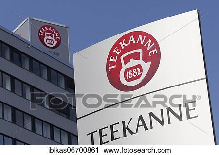 Stock Image - Logo Teekanne 1882 at the company headquarters Düsseldorf, tea bag producer, North Rhine-Westphalia, Germany, Europe. Fotosearch