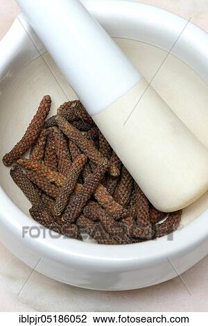 Stock Image - Long, red Kampot pepper in a grating bowl, Kampot pepper, Cambodia, Asia. Fotosearch