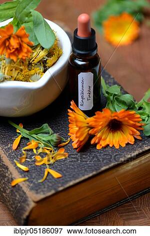 Stock Photo - Marigoldstincture and blossoms, in rubbing bowl, on old book, -tincture. Fotosearch