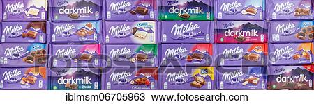 Stock Image - Milka chocolates different varieties wallpaper, Germany, Europe. Fotosearch