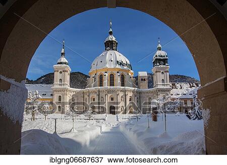 Stock Photo - Monastery courtyard with monastery church, Ettal Monastery, Ettaler Sattel, Ammergau Alps nature park Park, Upper Bavaria, Bavaria, Germany, Europe. Fotosearch