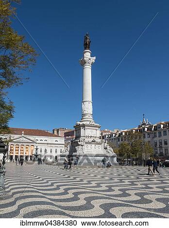 Stock Image - Monument Dom Pedro IV., National Theatre on the Rossio Square, Lisbon, Portugal, Europe. Fotosearch