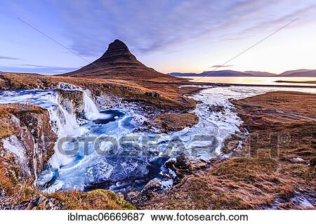 Morning atmosphere at Kirkjufell with waterfall Kirkjufellsfoss, sunrise, Snäfellsnes Peninsula, Iceland, Europe View Large Photo Image Stock Photo - Morning atmosphere at Kirkjufell with waterfall Kirkjufellsfoss, sunrise, Snäfellsnes Peninsula, Iceland, Europe. Fotosearch