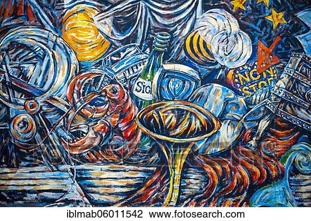 Stock Image - Mural Sky and Seeker, Still Life with Objects, artist Peter Russell, East Side Gallery, Mauergalerie, Berlin, Germany, Europe. Fotosearch