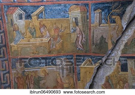 Stock Image - Murals depicting scenes from the Gospels, Ivanovo Rock Church The Holy Mother, UNESCO World Heritage Site, Roussenski Lom River Valley, Bulgaria, Europe. Fotosearch