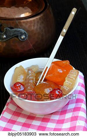 Stock Image - Mustard fruit, mustard fruit, pickled, preserved, piquant, garnish, jelly fruit, Italian speciality, Mostarda di frutta. Fotosearch