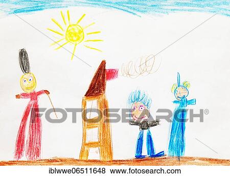 Stock Photo - Naive illustration, child drawing, family standing in front of a house, Austria, Europe. Fotosearch