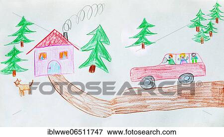 Stock Photo - Naive illustration, child drawing, family in car in front of house, Austria, Europe. Fotosearch