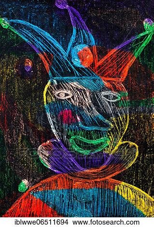 Picture - Naive illustration, children drawing, carnival, clown, Austria, Europe. Fotosearch