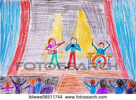 Naive illustration, children drawing, concert of a music group with many fans, Austria, Europe View Large Photo Image Picture - Naive illustration, children drawing, concert of a music group with many fans, Austria, Europe. Fotosearch
