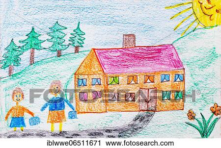 Stock Image - Naive illustration, children drawing, children on the way to school in front of the school house, Austria, Europe. Fotosearch