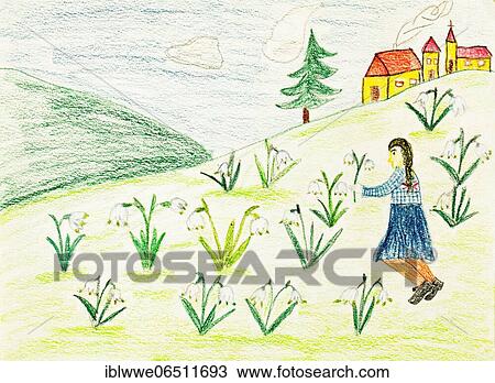 Naive illustration, children drawing, girl picking snowdrops on a flower meadow, Austria, Europe View Large Photo Image Stock Image - Naive illustration, children drawing, girl picking snowdrops on a flower meadow, Austria, Europe. Fotosearch