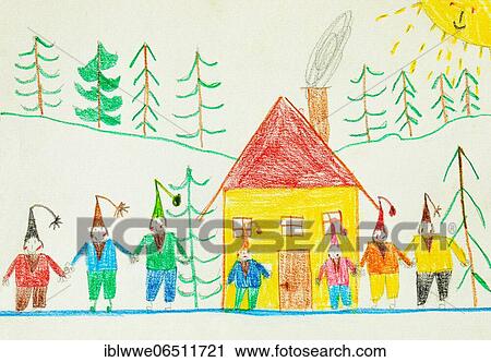 Naive illustration, children drawing, Seven dwarfs standing in front of the dwarf house, fairy tale, Austria, Europe View Large Photo Image Stock Image - Naive illustration, children drawing, Seven dwarfs standing in front of the dwarf house, fairy tale, Austria, Europe. Fotosearch