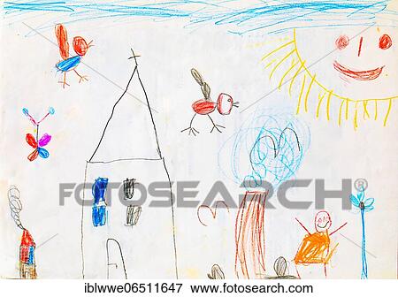 Stock Photo - Naive illustration, children drawing, garden with house, and birds in the sky, Austria, Europe. Fotosearch