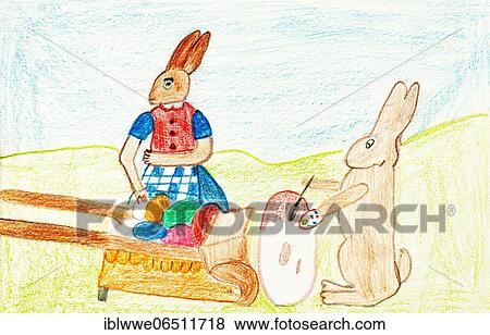 Stock Photo - Naive illustration, children drawing, easter bunny painting an easter egg, Easter, Austria, Europe. Fotosearch