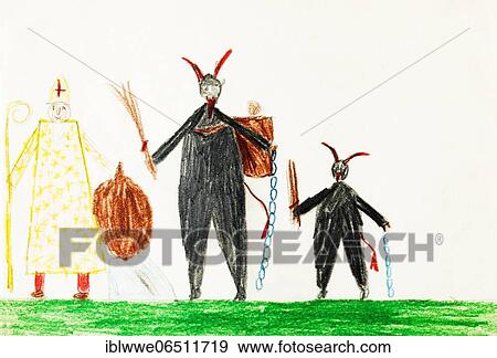 Stock Photo - Naive illustration, children drawing, St. Nicholas and Krampus, Austria, Europe. Fotosearch