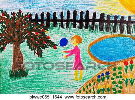 Naive illustration, children's drawing, girl playing with ball in garden, Austria, Europe View Large Photo Image Picture - Naive illustration, children's drawing, girl playing with ball in garden, Austria, Europe. Fotosearch