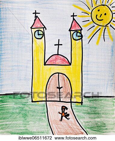 Naive illustration, children's drawing, girl standing in front of the church, Austria, Europe View Large Photo Image Stock Image - Naive illustration, children's drawing, girl standing in front of the church, Austria, Europe. Fotosearch