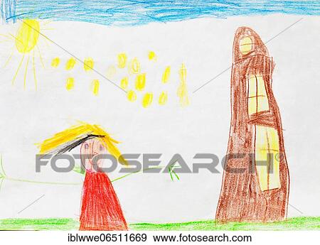 Naive illustration, children's drawing, girl standing in the garden in front of a house, Austria, Europe View Large Photo Image Stock Photo - Naive illustration, children's drawing, girl standing in the garden in front of a house, Austria, Europe. Fotosearch