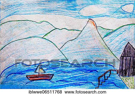 Naive illustration, children's drawing, sailing boat at a lake with mountain landscape, Austria, Europe View Large Photo Image Stock Photo - Naive illustration, children's drawing, sailing boat at a lake with mountain landscape, Austria, Europe. Fotosearch