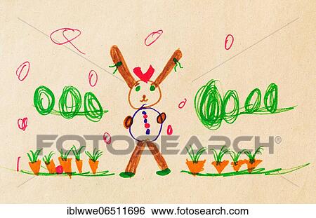 Stock Photograph - Naive illustration, children's drawing, Easter bunny in the garden, Easter, Austria, Europe. Fotosearch