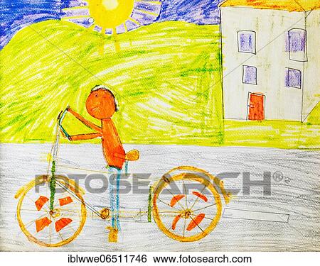 Naive illustration, children's drawing, child riding a bicycle, Austria, Europe View Large Photo Image Stock Photograph - Naive illustration, children's drawing, child riding a bicycle, Austria, Europe. Fotosearch