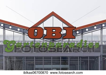 Stock Image - Obi Gartenparadies, garden centre, logo on building, Düsseldorf, North Rhine-Westphalia, Germany, Europe. Fotosearch